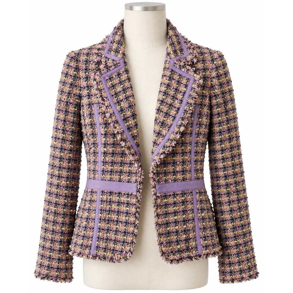 True Meaning Purple Tweed Plaid Fringe Blazer Jacket Size 4 SA2060